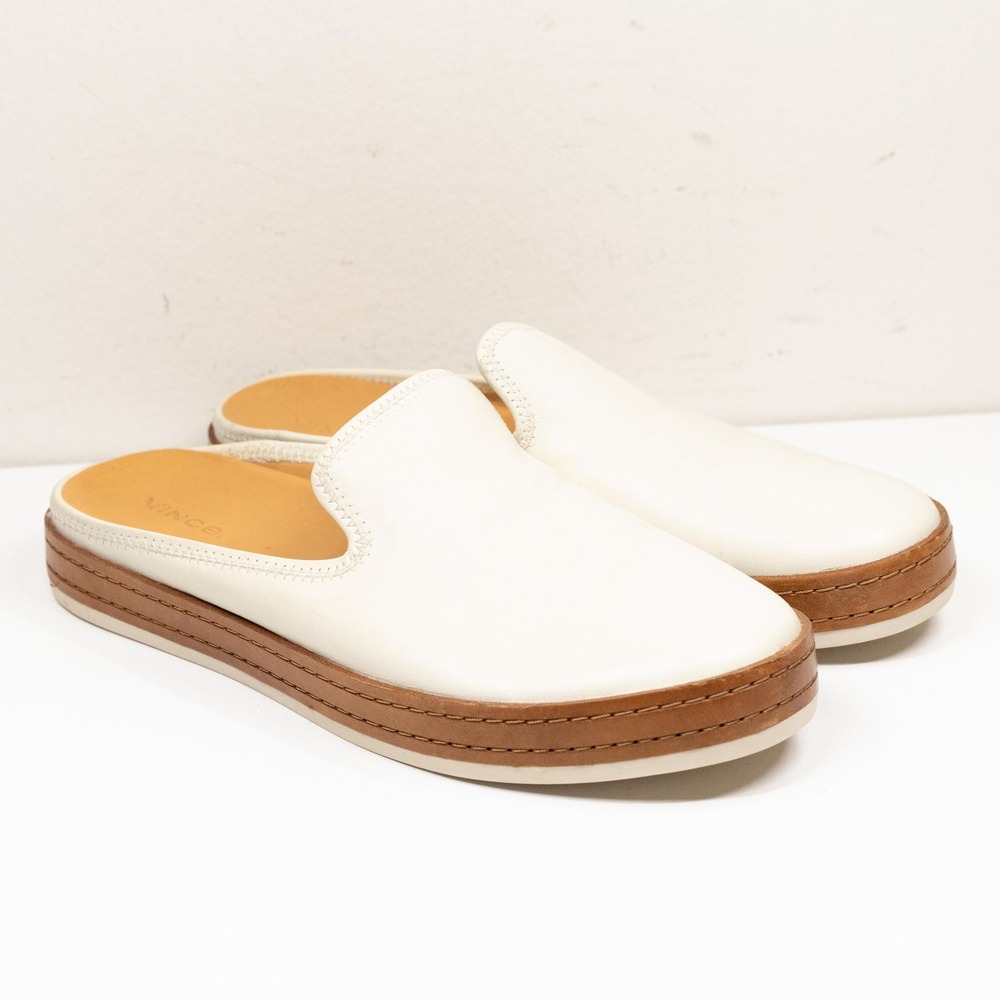 VINCE Canella Leather Slip On Mule Slides Minimalist Cream Tan Sz 7.5